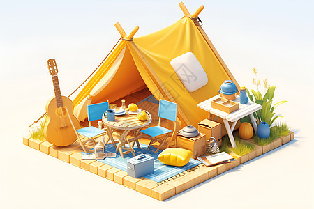 帐篷旁边的吉他图片