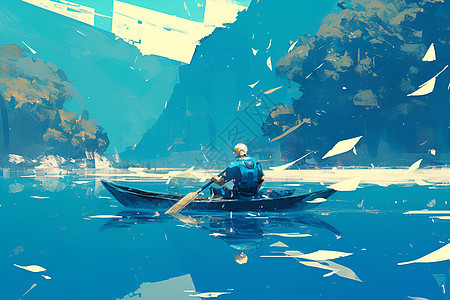 蓝色湖面的独木舟图片