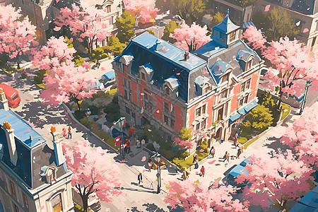 春日樱花中的楼房背景图片
