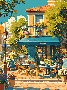春日繁华街头的咖啡馆背景图片