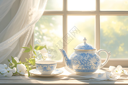 窗台前的瓷器茶壶图片