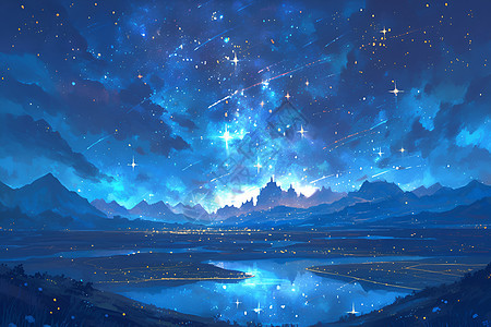 星星点缀的湖景图片