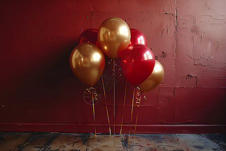 红色壁纸前的金色气球图片
