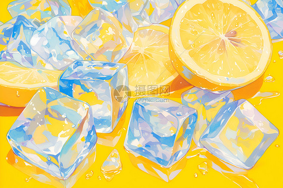 柠檬和冰块背景图片