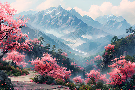 盛开的桃花景色薄雾高清图片