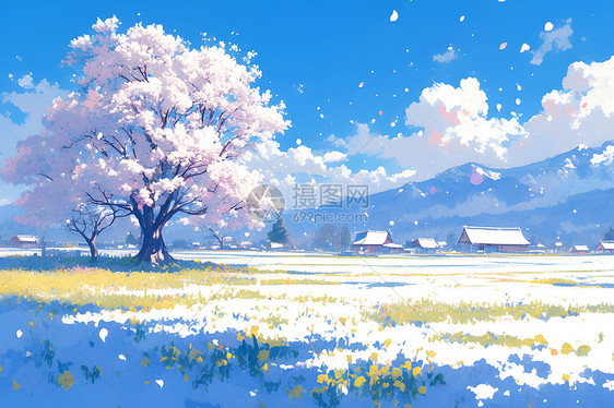 蓝天下的美丽花树图片