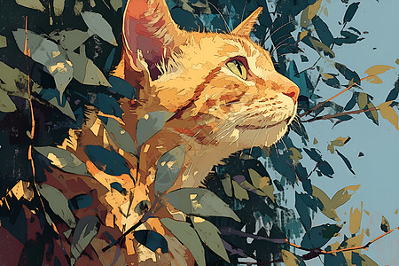 猫咪掩映在树影里图片