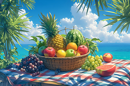 户外野餐垫上的水果篮子图片