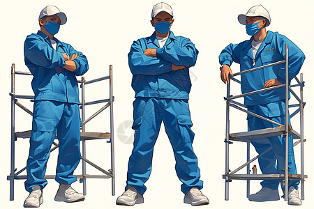 蓝色工作服的男子站在脚手架上图片