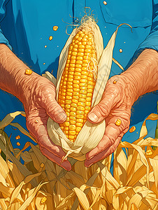 丰收季节中农民手中握着一颗玉米图片