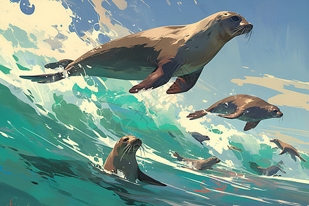 水中嬉戏的海狮高清图片