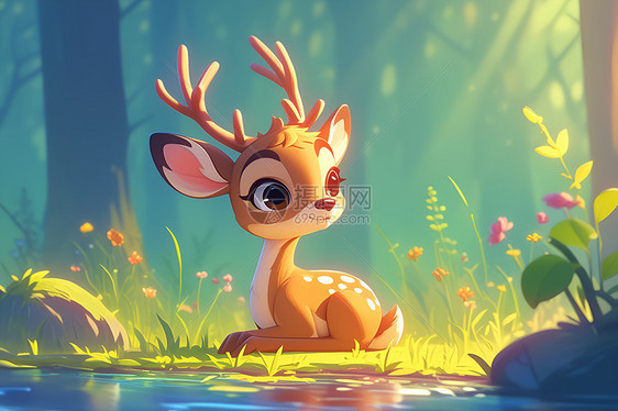 森林中一只可爱的鹿坐在草地上图片