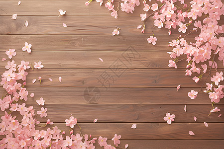 桃花瓣在木质地板上散落图片