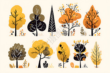 秋天的树木扁平插画图片