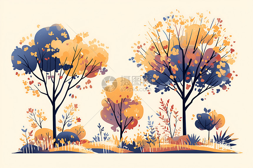秋日树木绘画图片
