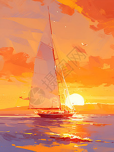 夕阳下湖面的帆船图片
