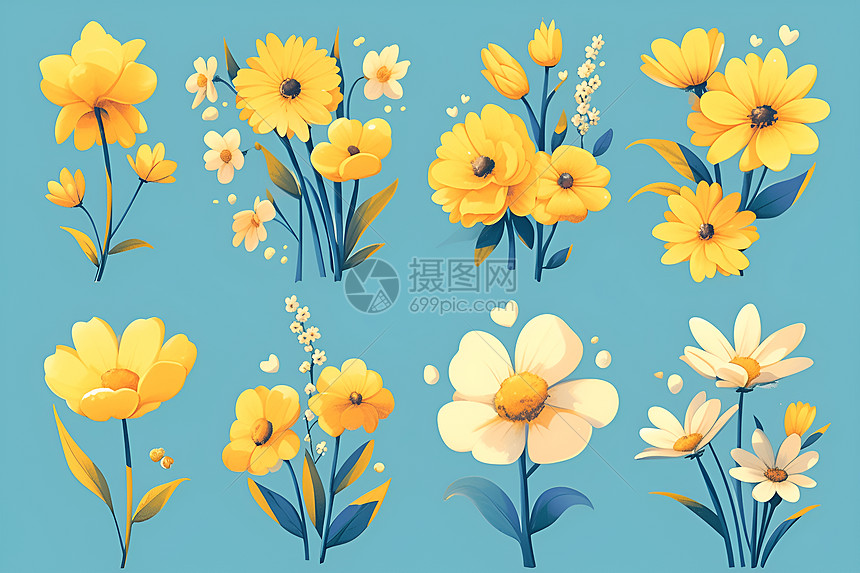 黄色花朵在蓝色背景上图片