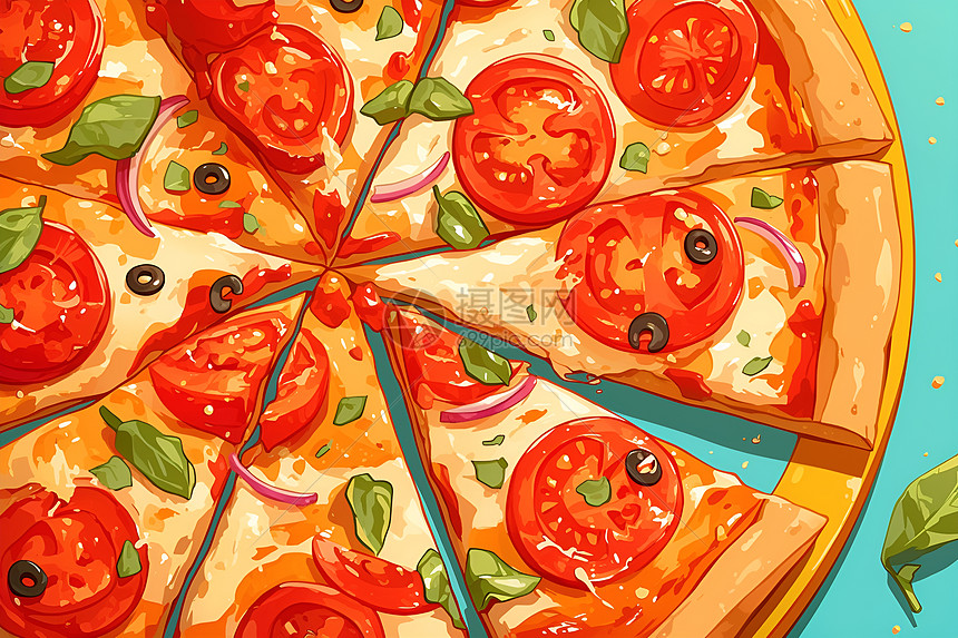 美味诱人的番茄红洋葱披萨图片