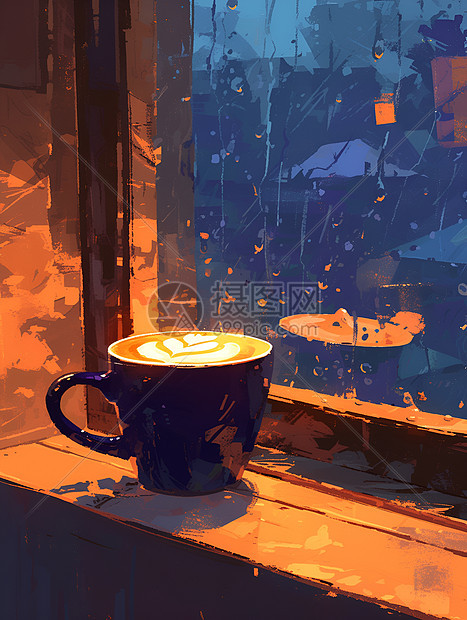 雨中窗边的温暖咖啡图片