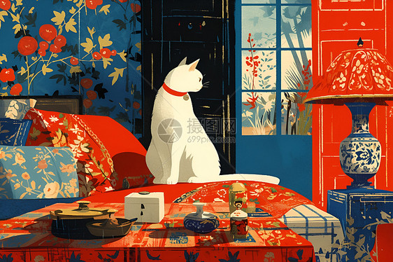 红墙白猫插画图片
