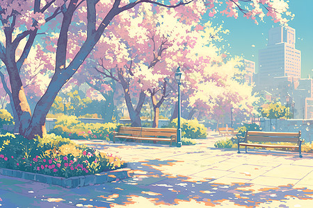 街头背景街边的长椅和花树插画