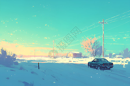 雪地中的汽车插画图片