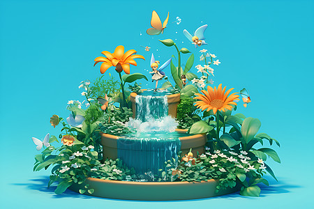 蓝色瀑布瀑布花盆中的植物插画