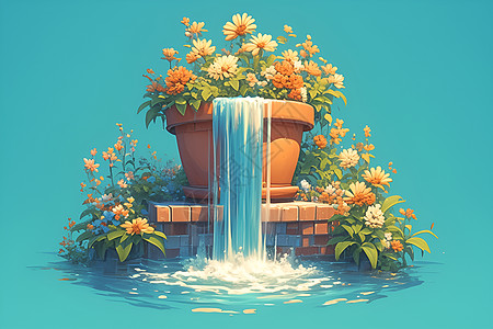 蓝色瀑布花盆中的植被插图插画