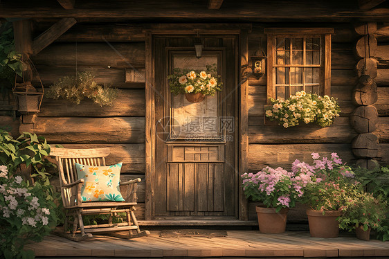 房子前的椅子和花盆图片