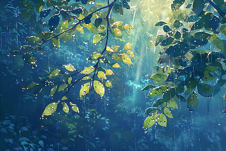 下雨时的树枝枝头背景图片