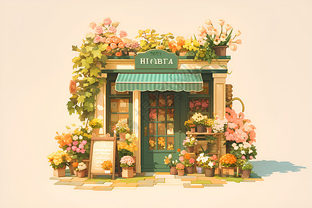 花店前的植物插画图片