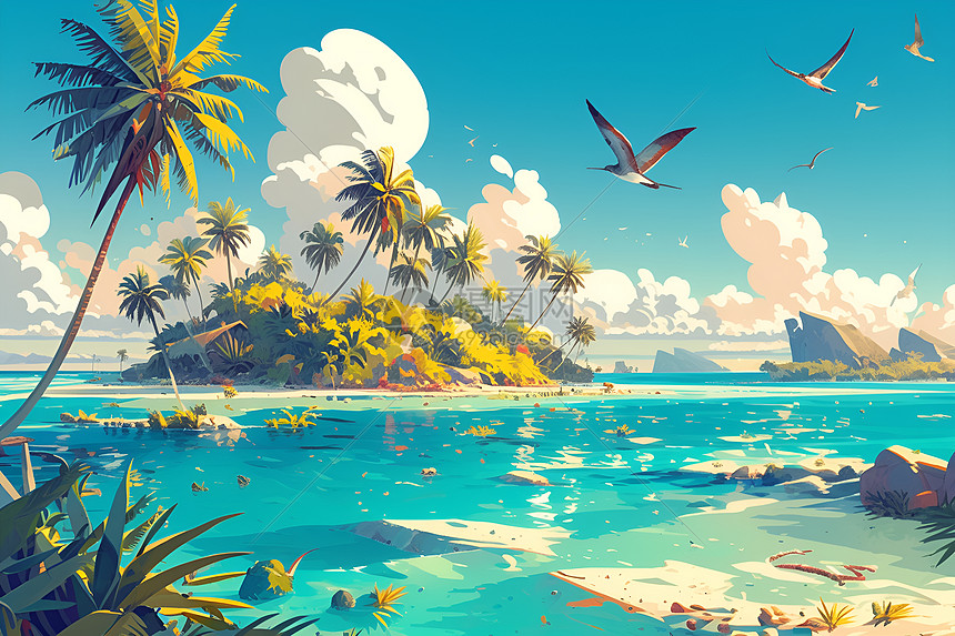 展示的热带岛屿插画图片