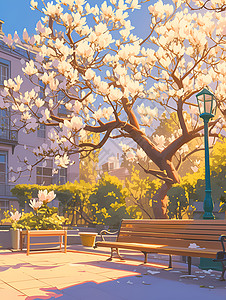 春天桃树下的长椅图片