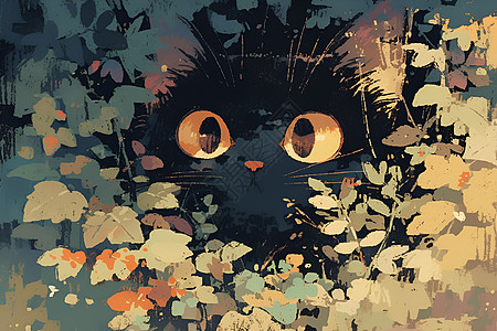 树叶俯视树叶中的可爱猫咪插画
