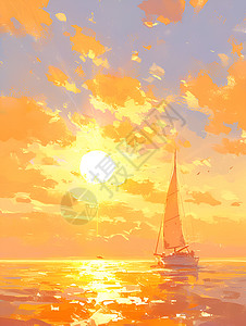 帆船夕阳迎着夕阳航行的帆船插画
