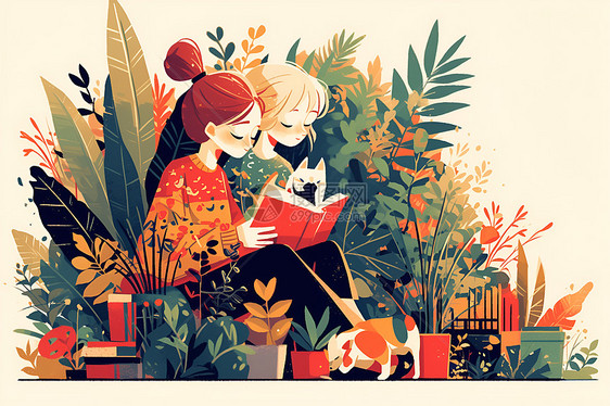两个女孩在花丛里阅读图片