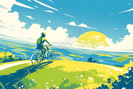 女孩骑自行车在青翠的山丘上图片