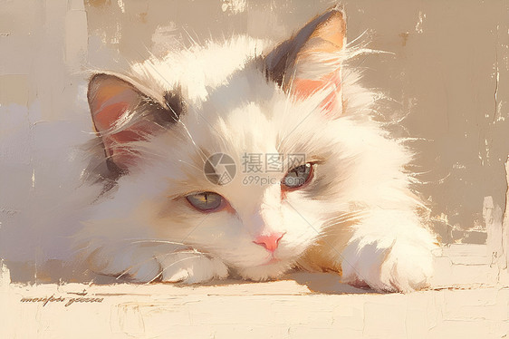 墙壁前的白色猫图片