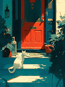 红石斑鱼红门前的白猫插画