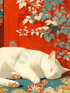 白猫睡在门前地毯上图片
