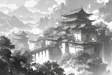 山峦深山里的华丽寺庙插画