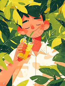 男孩在树叶下喝饮料背景图片