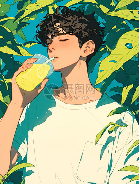男孩在绿叶间喝柠檬水图片