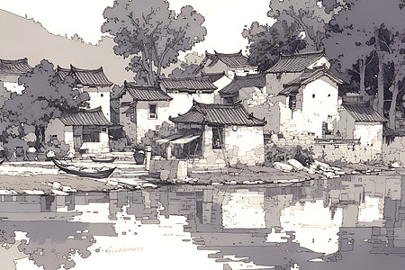 湖边的村庄图片