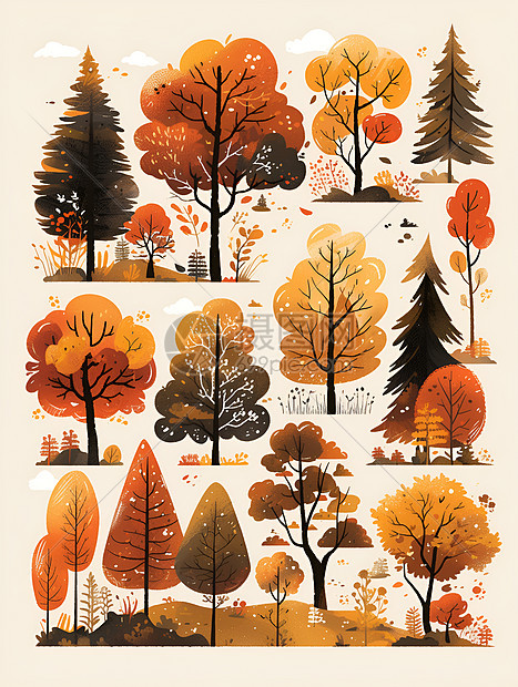 秋天树丛的绘本插画图片