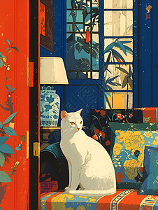 白猫坐在红门前图片