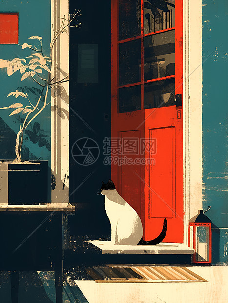 红门前的白猫带有凯斯·哈林和马蒂斯艺术风格的木版画作品图片