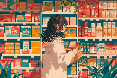 女孩在超市选购商品背景图片