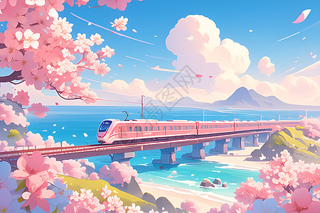 粉色列车穿越樱花背景图片