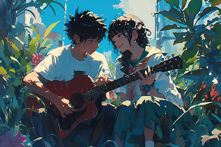 情侣在花丛中弹吉他图片
